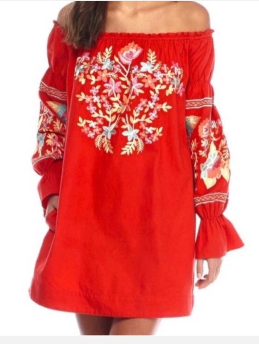 Free People Red Fleur Du Jour Off The Shoulder Embroidered Tunic Dress Size S